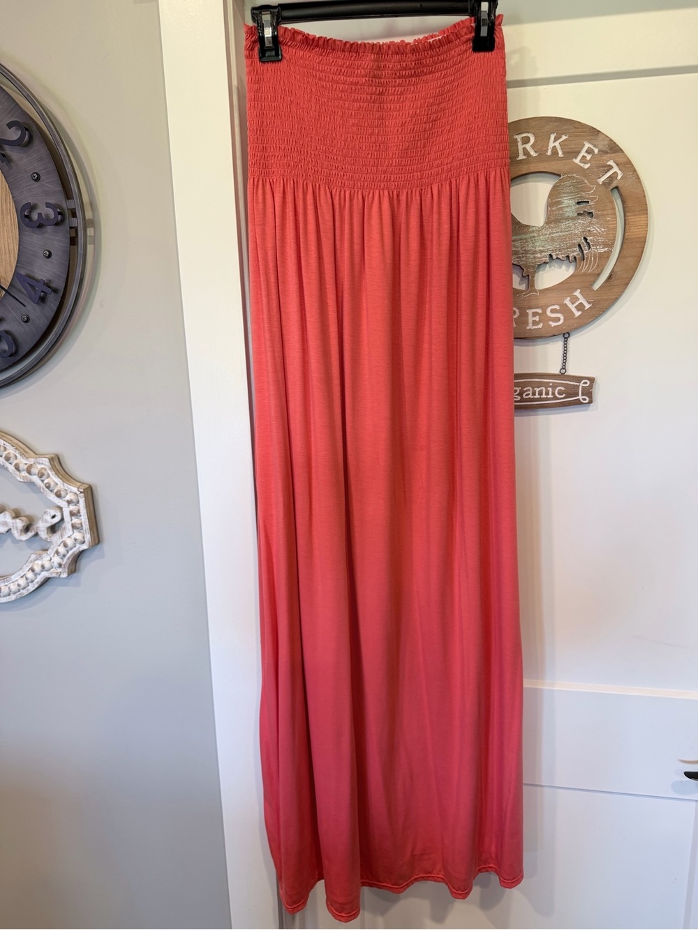 Saucy brand strapless Smocked Coral Maxi dress size Large
